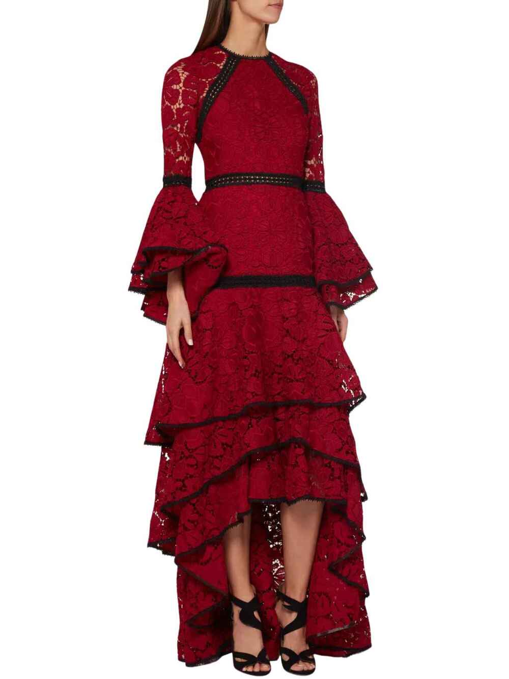 ALEXIS Laurel Tiered Guipure Lace Gown Maxi Dress Red Black Women's Size Small